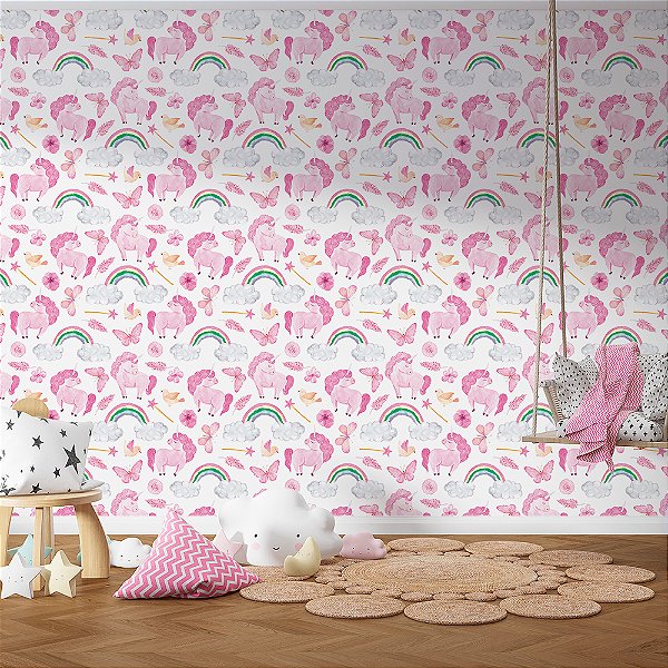 Papel de Parede Unicórnios Rosa, Arco-íris e Borboletas