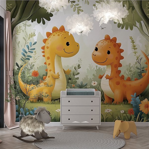 Papel de Parede Dinossauros Laranja e Amarelo na floresta