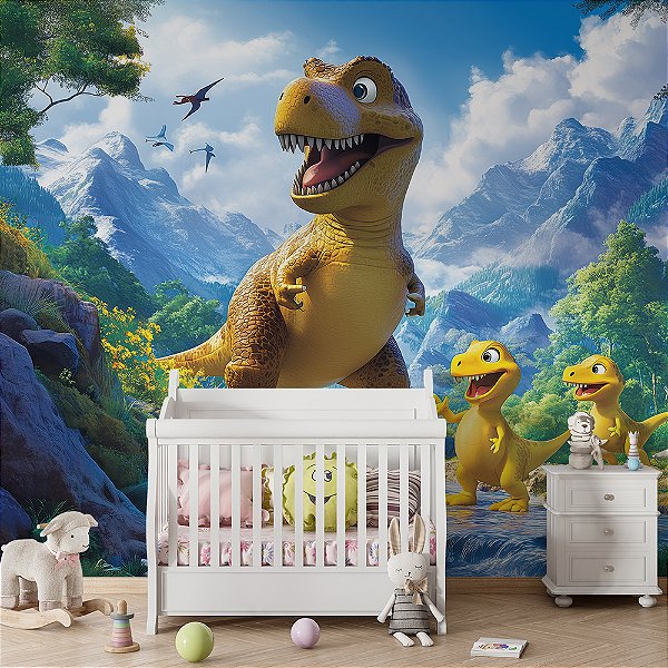 Papel de Parede Dinossauro Amarelos Filhotes e T-Rex