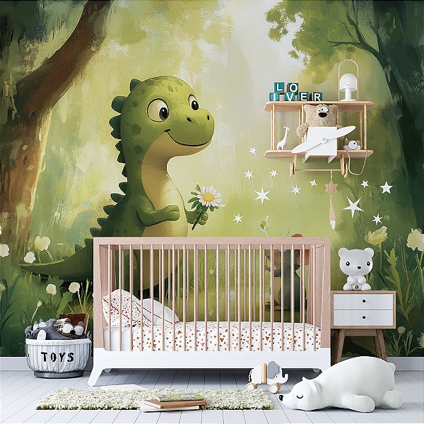 Papel de Parede Dinossauro Verde e Ratinho na Floresta