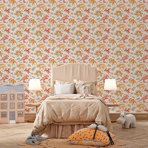 Papel de Parede Dinossauros Vermelho, Verde e Amarelo