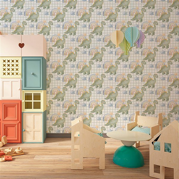 Papel de Parede Dinossauros Verde e Arco-Íris no Fundo Xadrez Verde