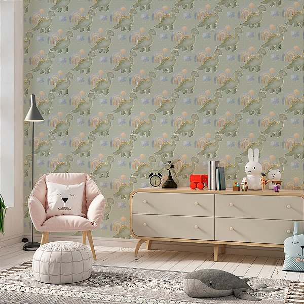 Papel de Parede Dinossauros Verde e Arco-Íris no Fundo Verde com Bolinhas