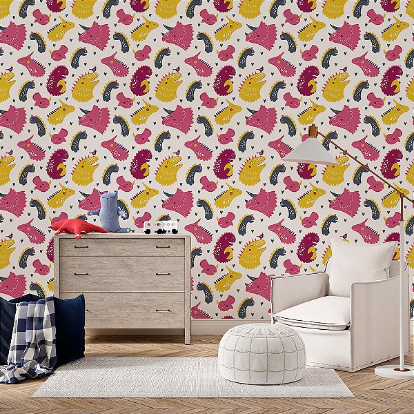 Papel de Parede Dinossauros Pink e Amarelo