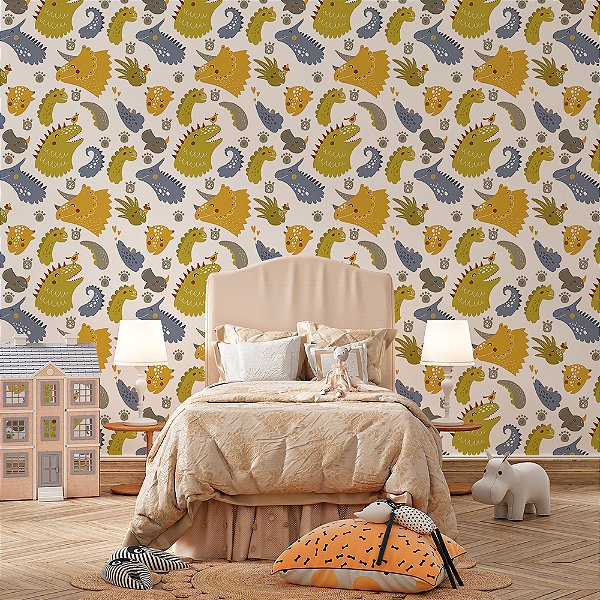 Papel de Parede Dinossauros Amarelo e Cinza