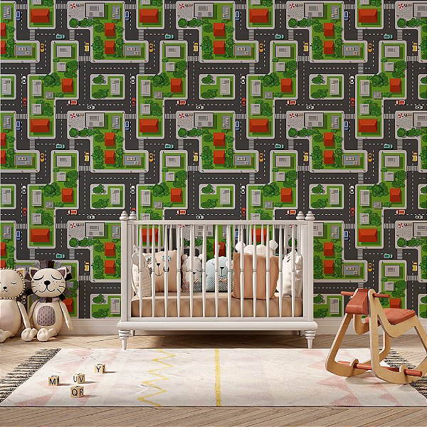 Papel de Parede Cidade com Árvores e Carros