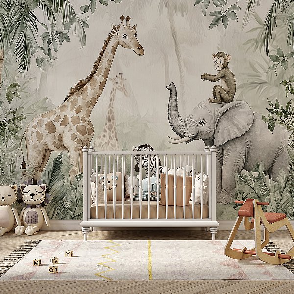 Papel de Parede Safari Girafa, Elefante, Macaco e Zebra