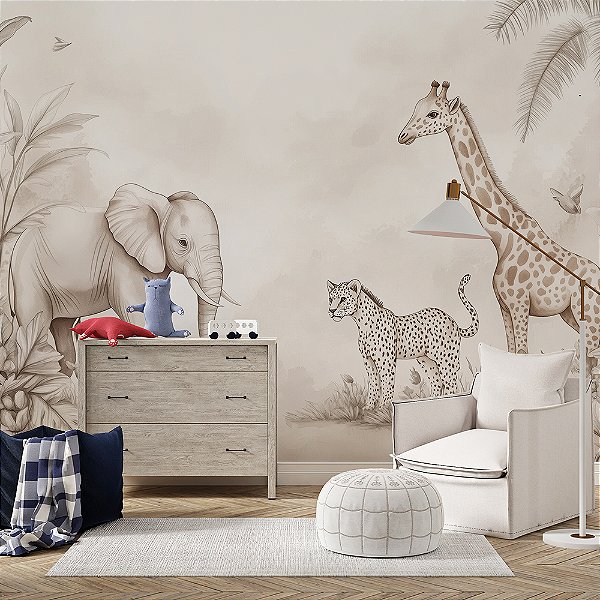 Papel de Parede Safari Girafa, Elefante e Zebra