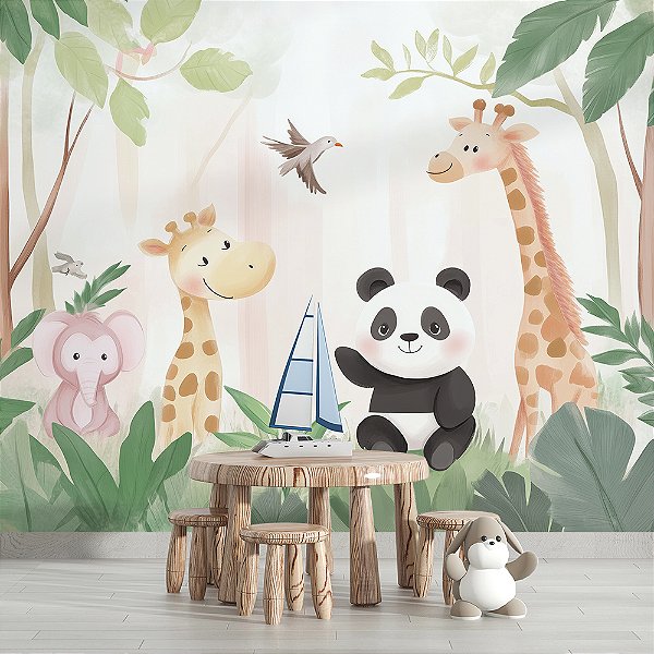 Papel de Parede Safari Girafas, Elefante e Panda