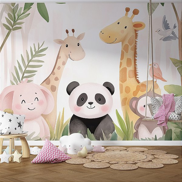 Papel de Parede Safari Girafas, Macaco e Panda