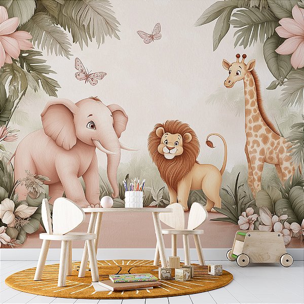 Papel de Parede Safari Girafa, Elefante e Leão