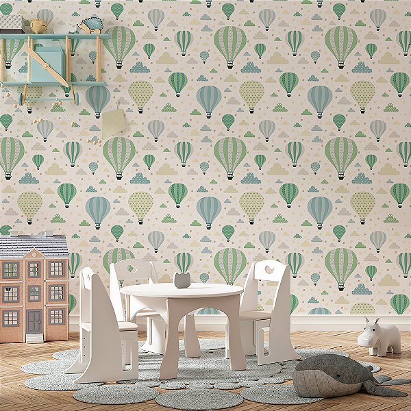 Papel de Parede Infantil Nuvens e Balões Verdes