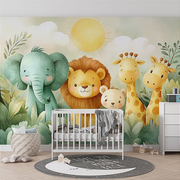 Papel de Parede Safari Leão, Elefante e Girafas