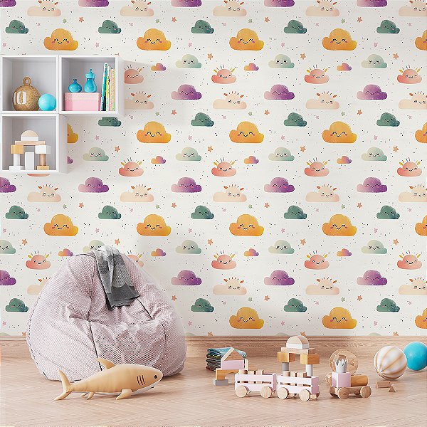 Papel de Parede Nuvens Sorridentes Coloridas