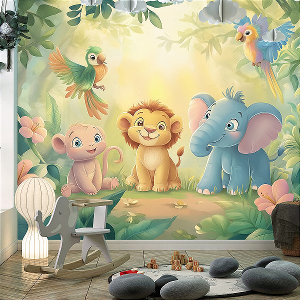 Papel de Parede Safari Elefante, Leão, Araras e Macaco Rosa