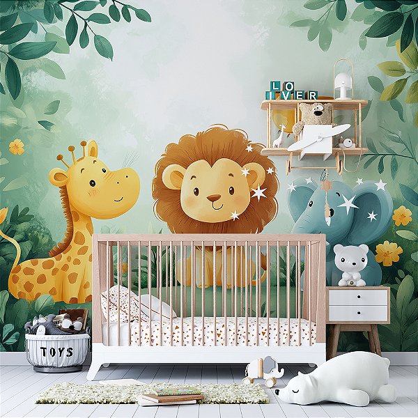 Papel de Parede Safari Elefante, Leão, Girafa e Passarinho