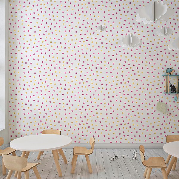 Papel de Parede Poá Bolinhas Rosa e Amarelo Aquarela