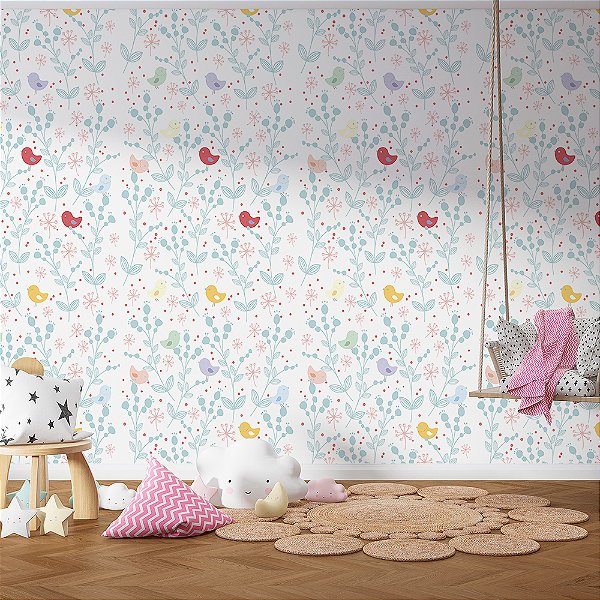 Papel de Parede Floral Bosque dos Pássaros Coloridos
