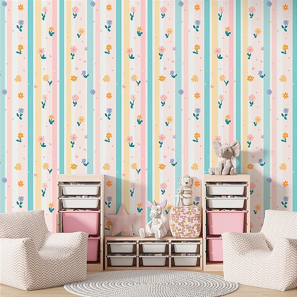 Papel de Parede Floral Listras Floridas Pastéis