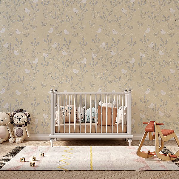 Papel de Parede Floral Ramas de Flores com Passarinhos