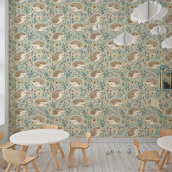 Papel de Parede Boho Kids Porco Espinho em Bosque de Flores