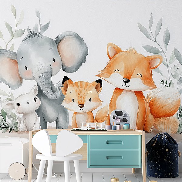 Papel de Parede Safari Elefante, Tigre e Raposa