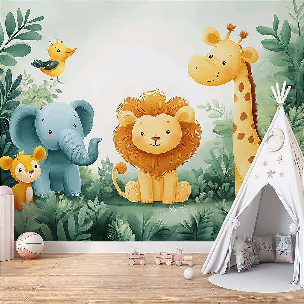 Papel de Parede Safari Leão, Girafa e Elefante