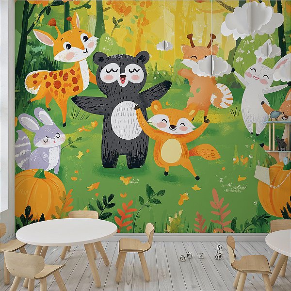 Papel de Parede Safari Animais Dançando na Floresta