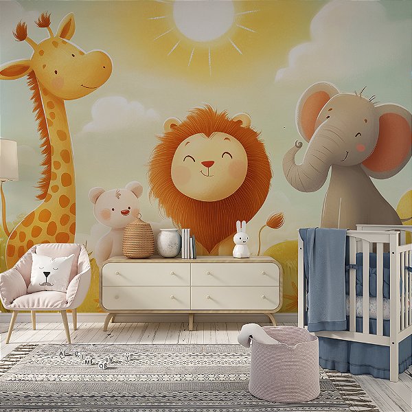 Papel de Parede Safari Elefante, Leão e Girafa