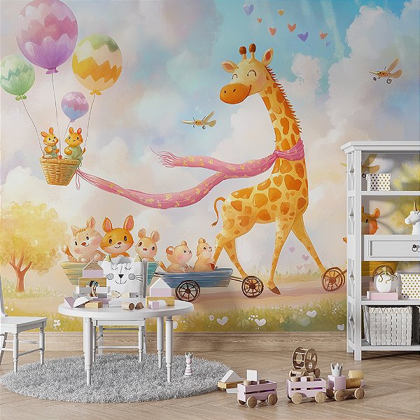 Papel de Parede Safari Girafa e Seus Amigos no Trenzinho