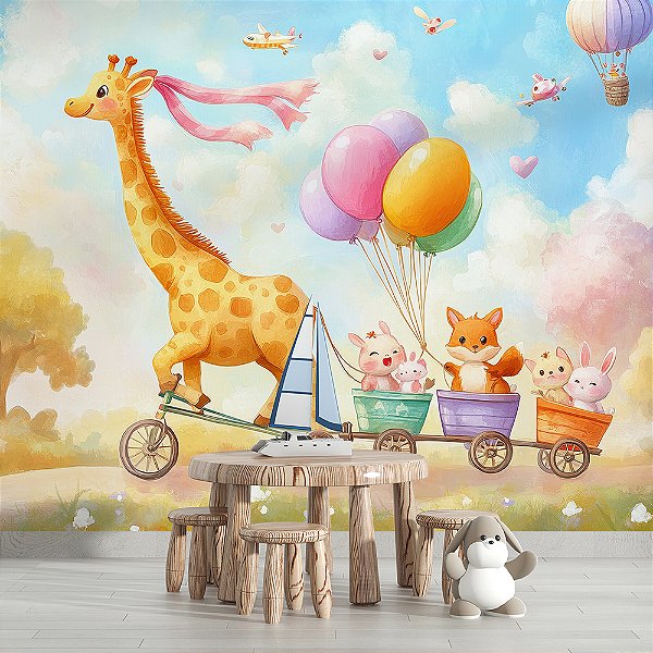 Papel de Parede Safari Girafa e Seus Amigos no Trenzinho 2