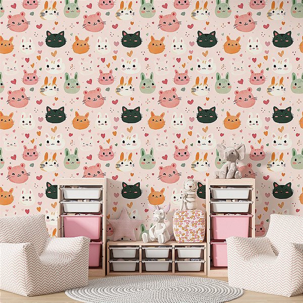 Papel de Parede Gatinhos Fofos com Fundo Rosa