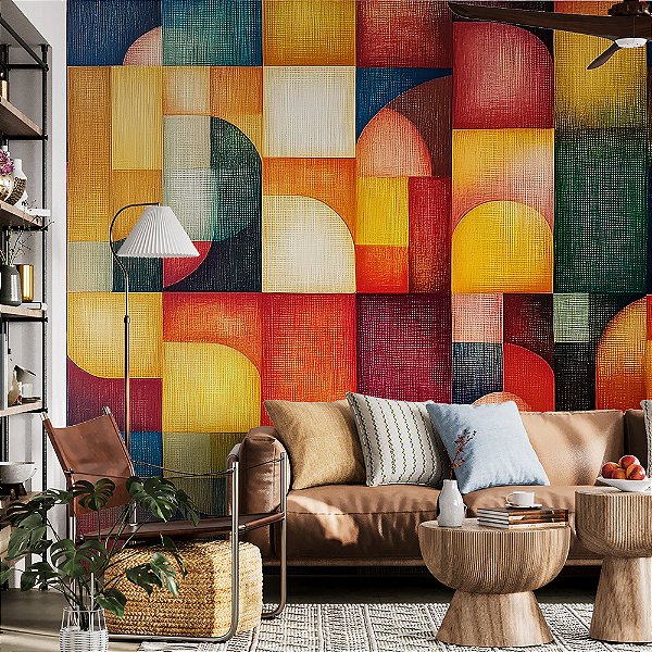 Papel de Parede Quadrados Coloridos com Estilo Linho