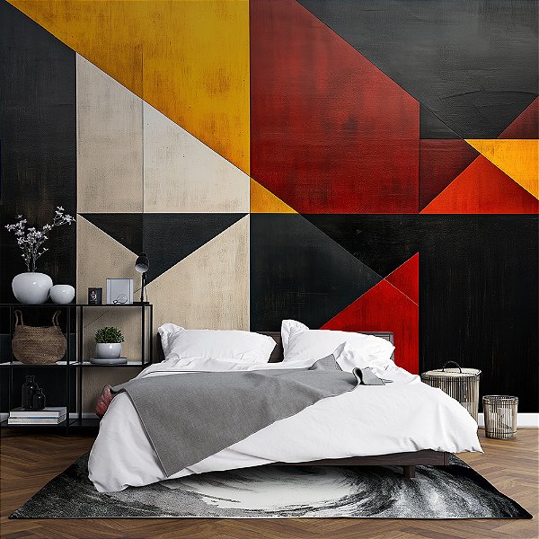 Papel de Parede Formas Retas, Preto, Vermelho e Amarelo