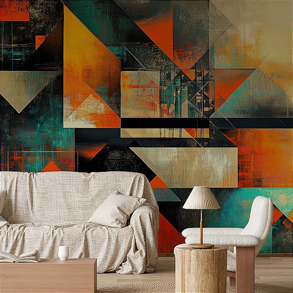 Papel de Parede Triângulos Laranja e Esmeralda