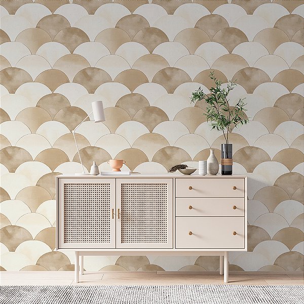 Papel de Parede Geométrico Curvas Tons Bege e Branco