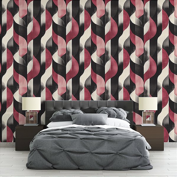 Papel de Parede Abstrato Faixas e Curvas Preto e Bordô Moderno