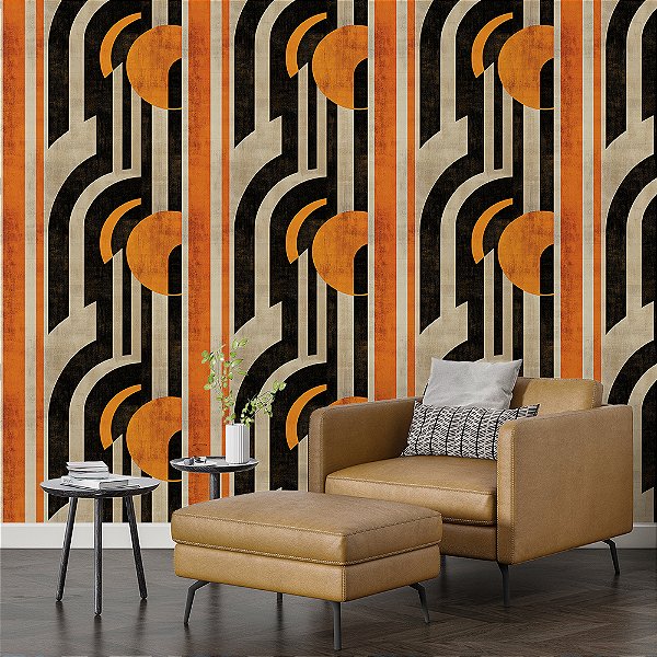 Papel de Parede Abstrato Retrô Laranja e Preto