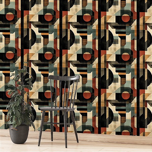 Papel de Parede Abstrato Preto, Bege e Terracota