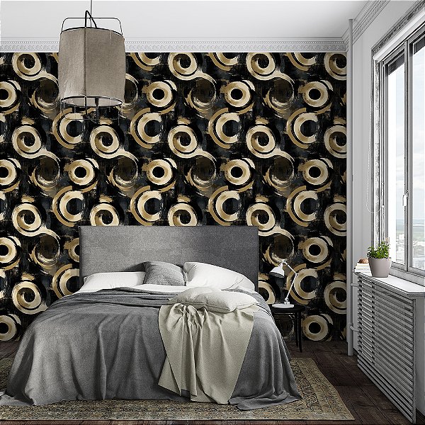 Papel de Parede Abstrato Pinceladas Circulares Moderno Preto Ocre