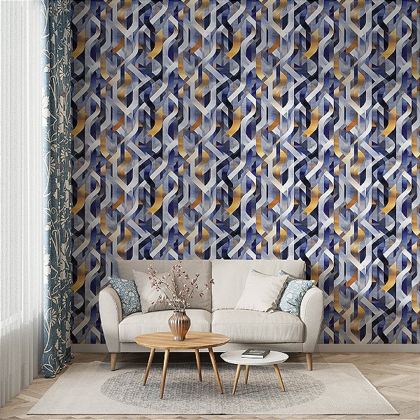 Papel de Parede Abstrato Efeito Entrelaçado Azul e Dourado