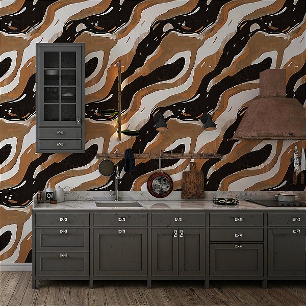 Papel de Parede Abstrato Formas Orgânicas Marrom e Caramelo