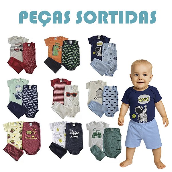 Kit 3 a 12 Peças Roupa Bebê Body MENINO Algodão Curto Verão