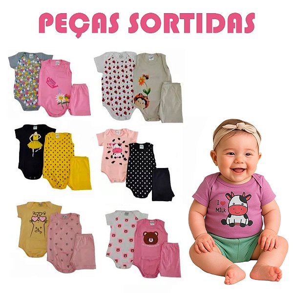 Kit 3 a 12 Peças Roupa Bebê Body MENINA Algodão Curto