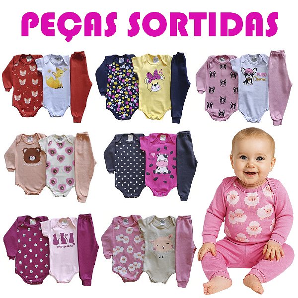Kit 3 a 12 Peças Roupa de Bebê Sortido Body de Bebê MENINA Manga Longa– Conjunto de Bebê INVERNO RN–GG