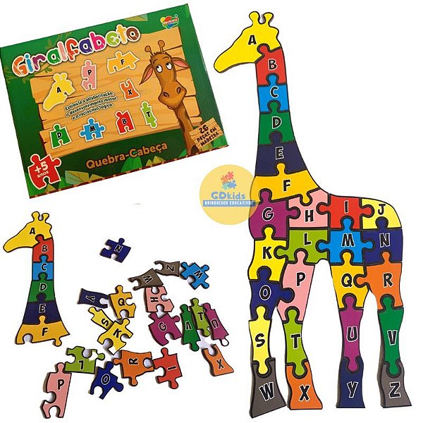 Quebra Cabeça Giralfabeto Alfabeto 26 peças em Madeira Brinquedo Educativo Quebra Cabeça Infantil Alfabetização