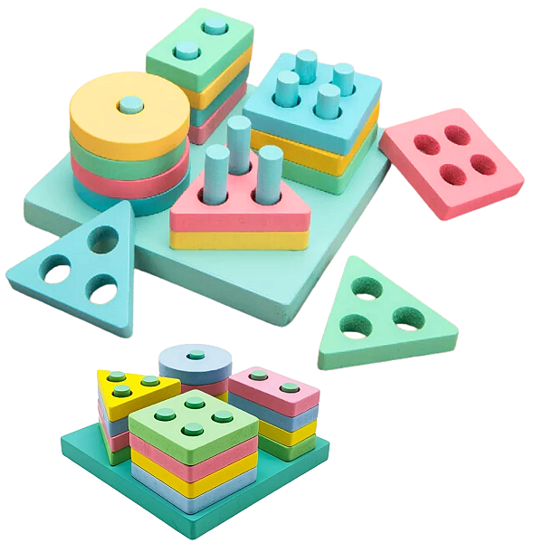 Prancha Encaixe Geométrico Montessori  16 Peças em Madeira  Pastel - Toy Mix