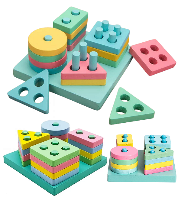 Prancha Encaixe Geométrico Montessori  16 Peças em Madeira - Toy Mix