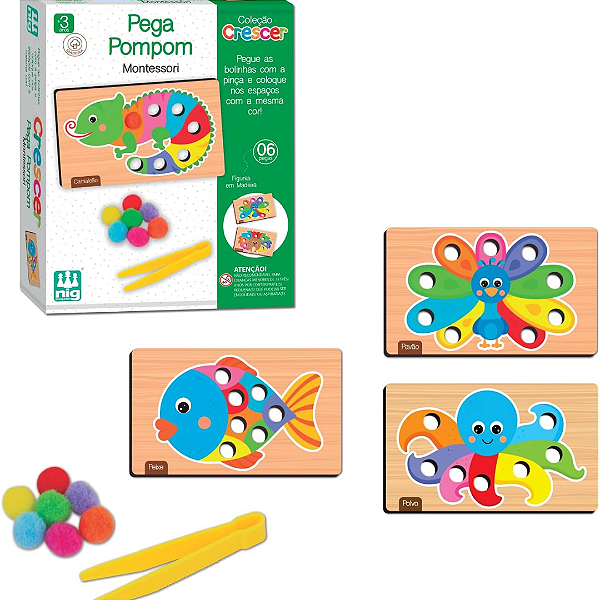 Jogo Montessori Pega Pompom 6 Peças em Madeira Crescer Nig Brinquedos