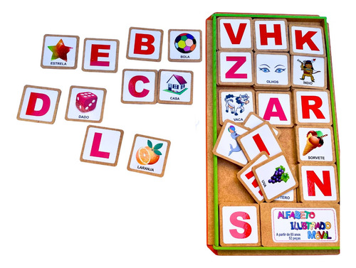 Alfabeto Ilustrado Móvel Brinquedo Pedagógico 52 Peças Mdf
